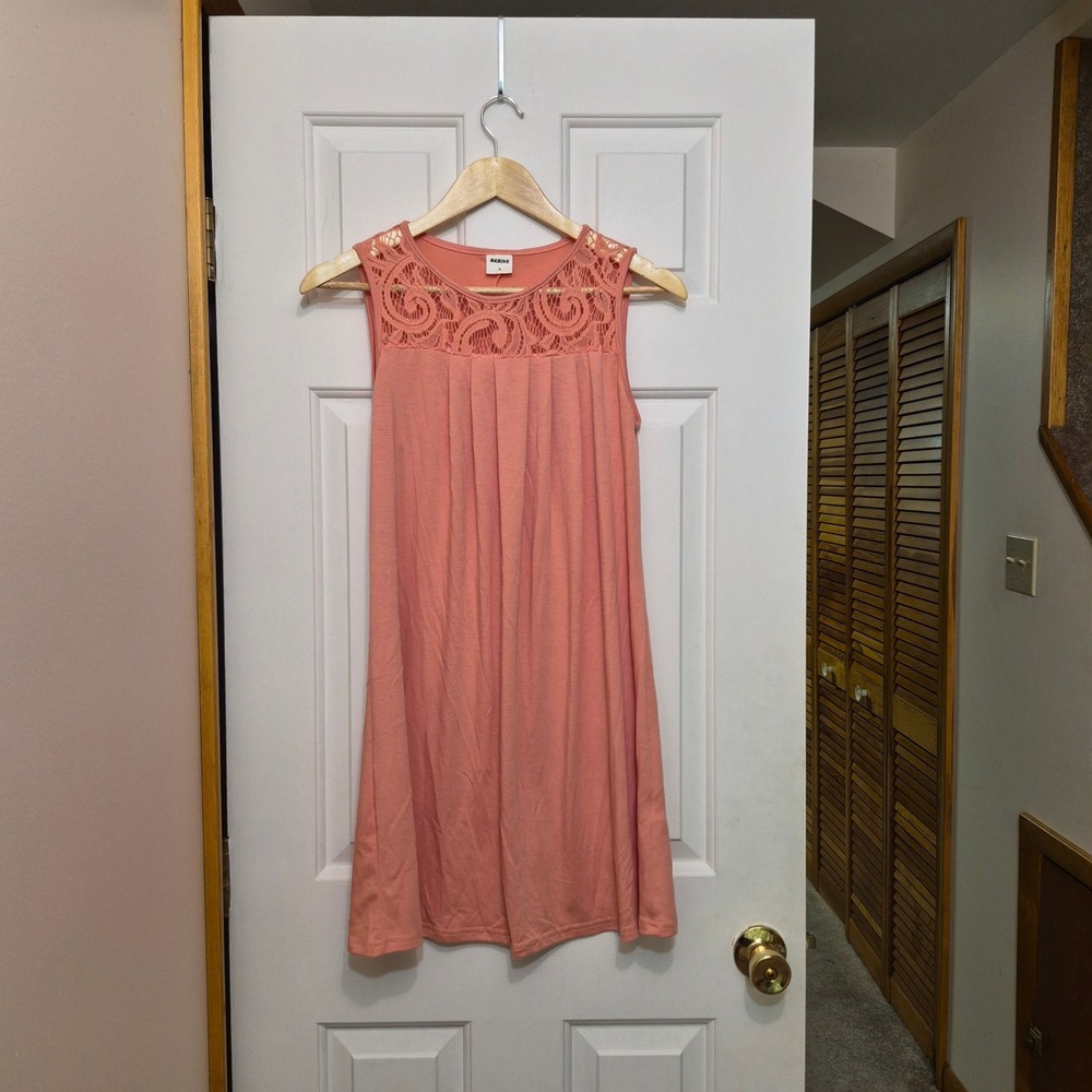 BKRIVE Coral Pink Sleeveless Lace Yoke Pleated Mini Dress Tunic Womens Small